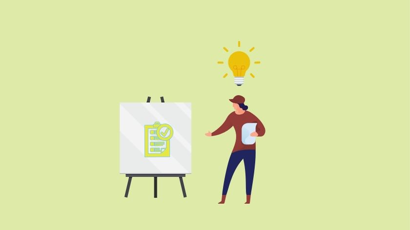 Ilustración de un empleado exponiendo conceptos de administración de proyectos.