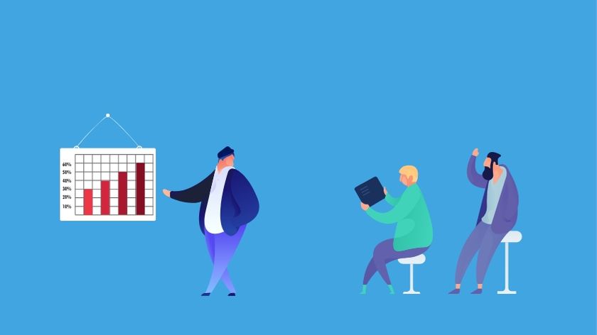 Ilustración de un equipo exponiendo conceptos de administración de proyectos.