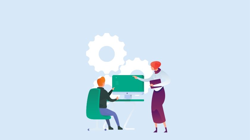 Ilustración de un equipo de trabajo exponiendo conceptos de administración de proyectos.