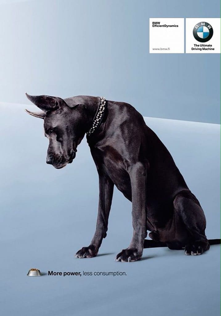 Publicidad de BMW, perro mirando su plato de comida diminuto, frase que acompaña más energía menos consumo