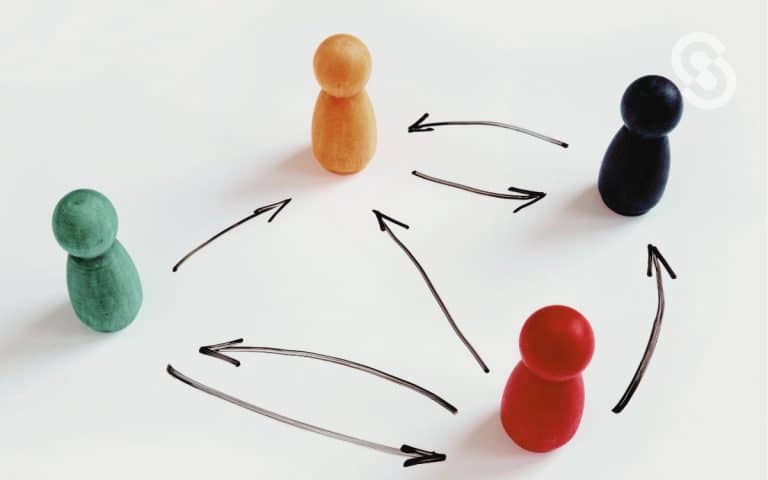 Vemos una representación gráfica de la organización matricial con piezas de juguete y flechas.