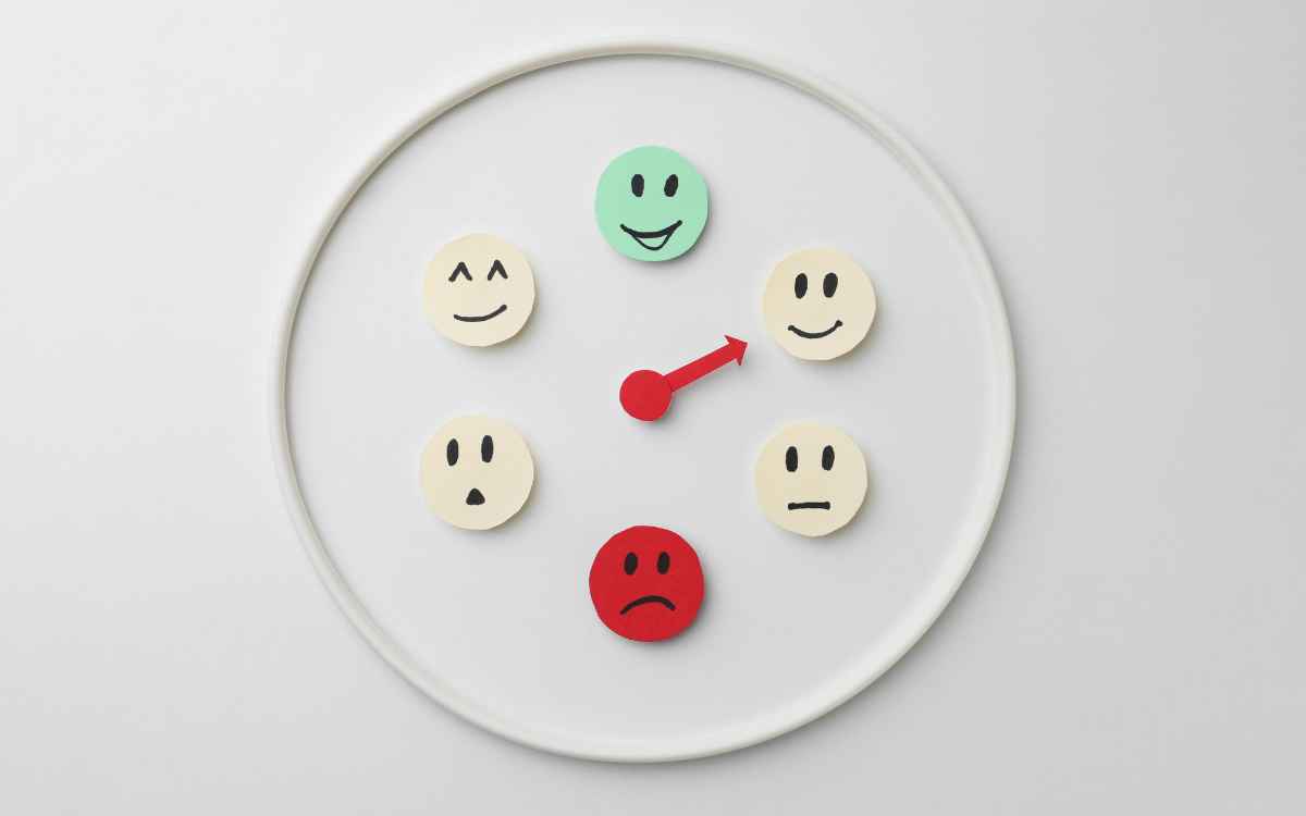 Vemos una representación de los indicadores de gestión en un reloj con diferentes tipos de caras y emociones.