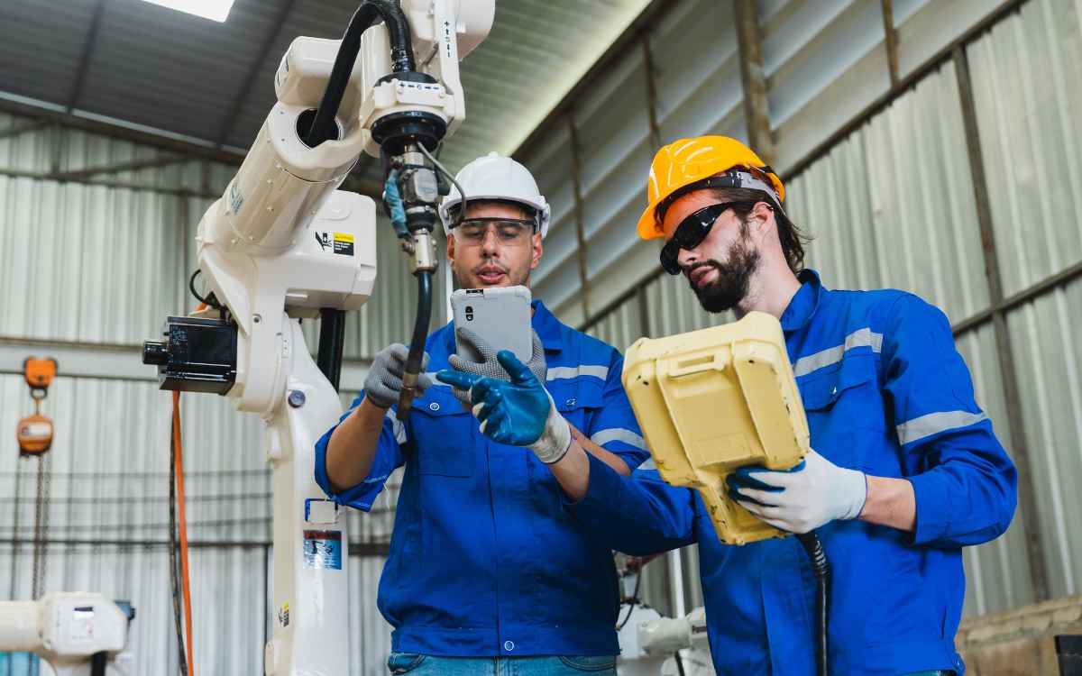 Vemos dos operarios organizando actividades de MRO en su empresa.