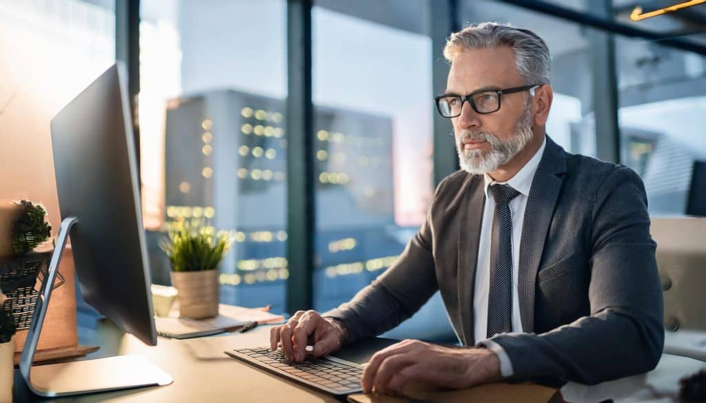 Un hombre adulto frente a una computadora trabajando, oficina de fondo